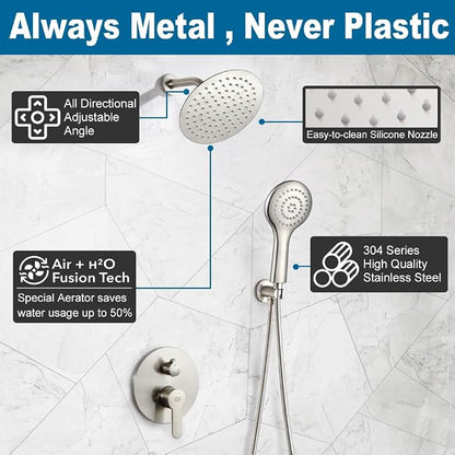 Shower Faucet Set Brushed Nickel 8 Inch Rain Shower Head and Handle Set Bathroom Rainfall Shower System Wall Mounted Shower Fixture Include Shower Valve and Trim Kit