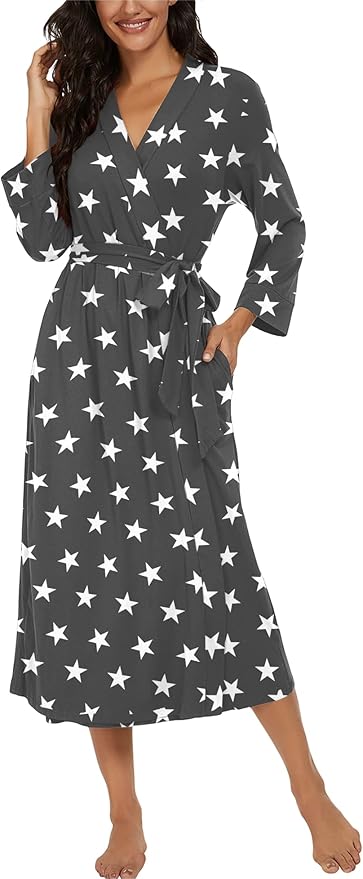 VINTATRE Women Kimono Robes Long Knit Bathrobe Lightweight Soft Knit Sleepwear V-neck Casual Ladies Loungewear