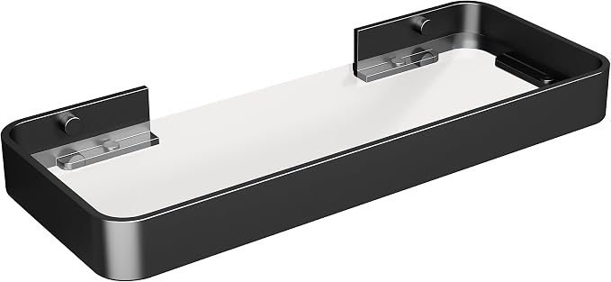 12-Inch Wall Shelf, Clear Tempered Glass with Matte Black Aluminum Frame – Versatile Floating Bathroom Organizer