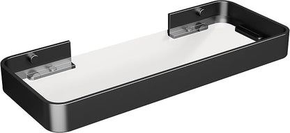 12-Inch Wall Shelf, Clear Tempered Glass with Matte Black Aluminum Frame – Versatile Floating Bathroom Organizer