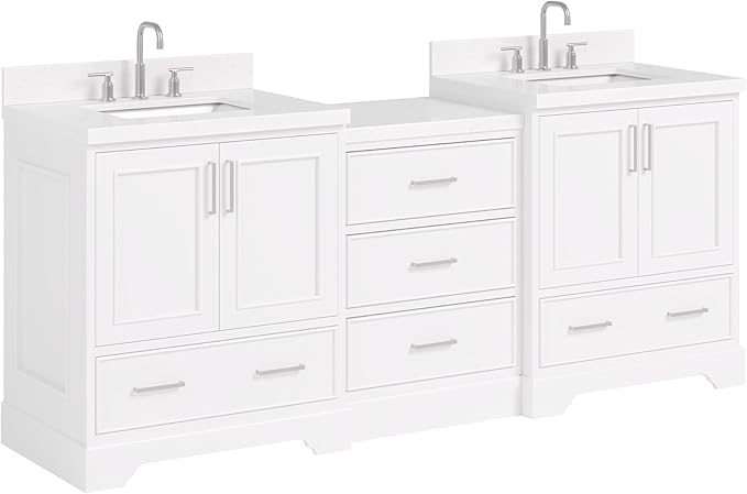 ARIEL Stafford 84-inch Bathroom Vanity with Sink,Solid Wood, 1.5in Carrara White Quartz Countertop & Backsplash, Double Rectangular Porcelain Sink, 4 Soft Closing Doors, 5 Dovetail Drawers, White