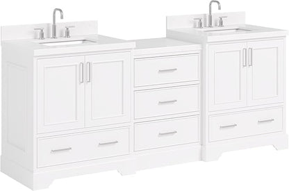 ARIEL Stafford 84-inch Bathroom Vanity with Sink,Solid Wood, 1.5in Carrara White Quartz Countertop & Backsplash, Double Rectangular Porcelain Sink, 4 Soft Closing Doors, 5 Dovetail Drawers, White