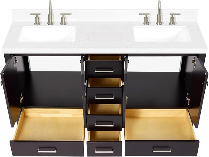 ARIEL Cambridge 60-inch Bathroom Vanity with Sink,Solid Wood, 1.5-inch Carrara White Quartz Countertop, Double Rectangular Porcelain Sink, 4 Soft Closing Doors, 6 Dovetail Drawers, Espresso
