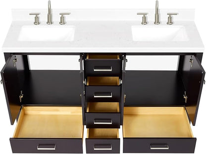 ARIEL Cambridge 60-inch Bathroom Vanity with Sink,Solid Wood, 1.5-inch Carrara White Quartz Countertop, Double Rectangular Porcelain Sink, 4 Soft Closing Doors, 6 Dovetail Drawers, Espresso