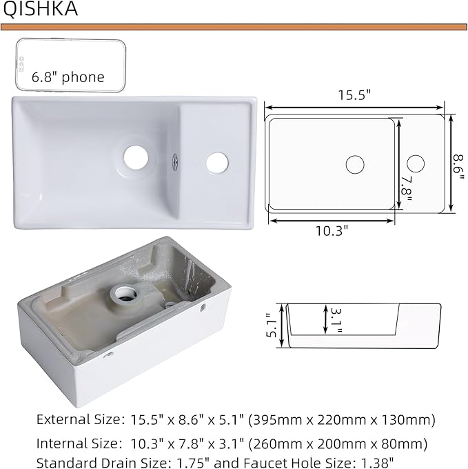 Small Wall Mount Bathroom Vessel Sink, QISHKA 15.6" X 8.6" Rectangular Floating Ceramic Wash Hand Basin- White Wall Hung Vanity Sink with Overflow for Small Bathroom (Right Hand)