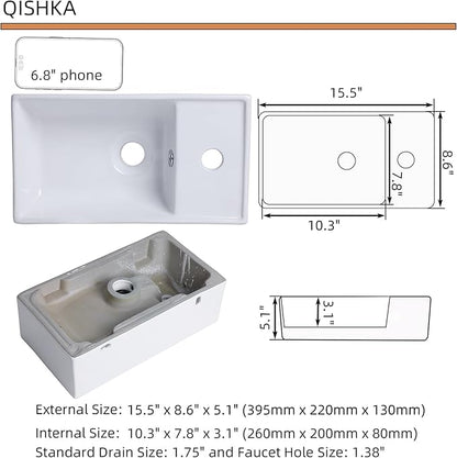 Small Wall Mount Bathroom Vessel Sink, QISHKA 15.6" X 8.6" Rectangular Floating Ceramic Wash Hand Basin- White Wall Hung Vanity Sink with Overflow for Small Bathroom (Right Hand)