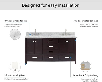 ARIEL Cambridge 66-inch Bathroom Vanity with Sink,Solid Wood, 0.75-inch Italian Carrara Marble Countertop, Double Rectangular Porcelain Sink, 4 Soft Closing Doors, 6 Dovetail Drawers, Espresso