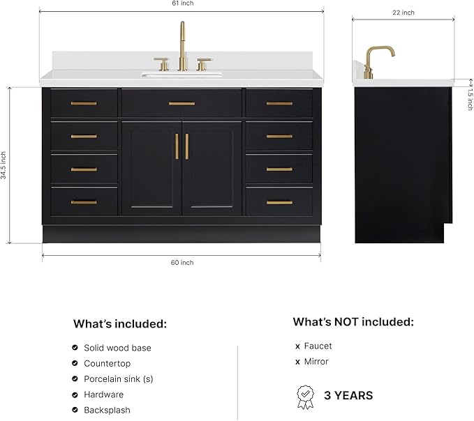ARIEL Hepburn 60-inch Bathroom Vanity with Sink,Solid Wood, 1.5-inch Pure White Quartz Countertop & Backsplash, Single Rectangular Porcelain Sink, 2 Soft Closing Doors, 9 Dovetail Drawers, Black