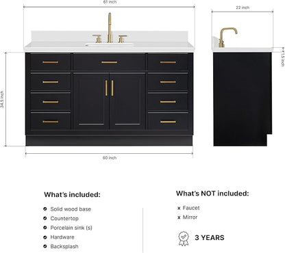 ARIEL Hepburn 60-inch Bathroom Vanity with Sink,Solid Wood, 1.5-inch Pure White Quartz Countertop & Backsplash, Single Rectangular Porcelain Sink, 2 Soft Closing Doors, 9 Dovetail Drawers, Black