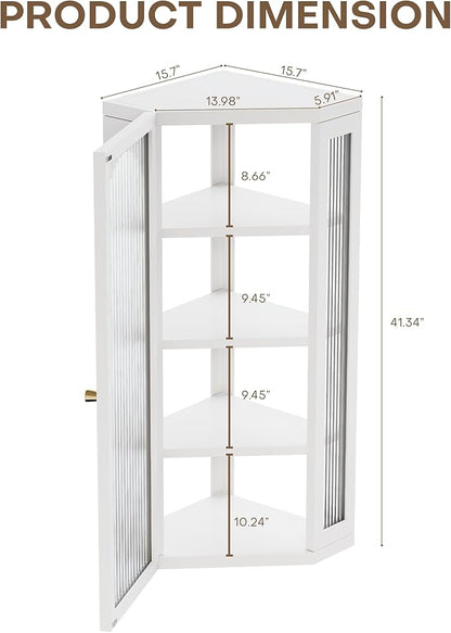 Bathroom Corner Wall Cabinet, Metal Medicine Cabinet with Glass Doors and Shelves, Hanging Corner Storage Cabinet for Bathroom, Kitchen, Laundry Room (White)