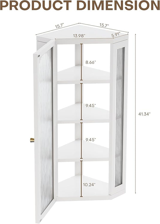 Bathroom Corner Wall Cabinet, Metal Medicine Cabinet with Glass Doors and Shelves, Hanging Corner Storage Cabinet for Bathroom, Kitchen, Laundry Room (White)