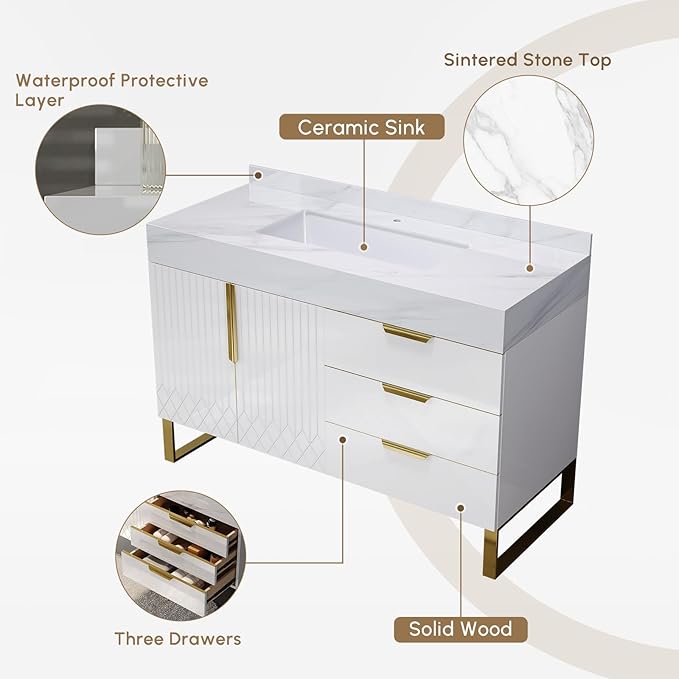 Bathroom Vanity with Sink, Modern Bathroom Vanity with Faux Marble Top, Gold Hardware & Soft-Close Drawers for Bathroom Storage (35.4 Inch, White, Single Sink & Freestanding)