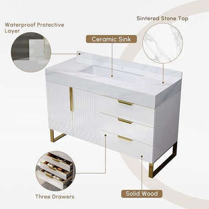 Bathroom Vanity with Sink, Modern Bathroom Vanity with Faux Marble Top, Gold Hardware & Soft-Close Drawers for Bathroom Storage (35.4 Inch, White, Single Sink & Freestanding)