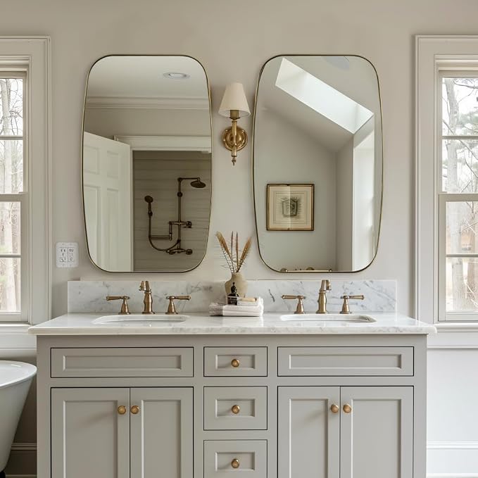 24x40” Gold Bathroom Mirror, Oblong Brass Mirror with Stainless Steel Metal Frame, Brushed Gold Oval Vanity Mirror for Over Sink, Modern Anti Rust Wall Mounted