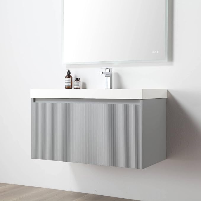 Blossom 36 Inch Bathroom Vanity with Sink and Side Cabinet, All Wood Floating Bathroom Vanity with Acrylic Sink, Bathroom Sink Cabinet with Soft-Close Drawer, Modern Style Vanities, Light Grey