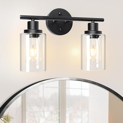 Unicozin 2 Light Vanity Lights, Black Wall Sconce Light with Clear Glass, Bathroom Light Fixtures, Wall Lights for Mirror, Living Room, Bedroom, Hallway, E26 Base (Bulbs Not Included)