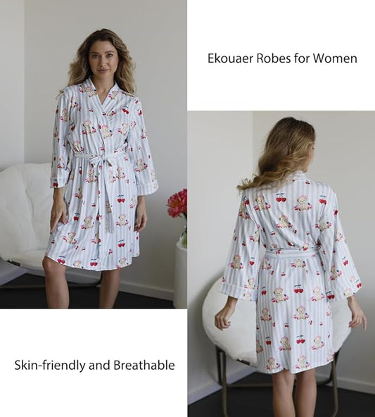 Ekouaer Women Kimono Robes Knee Length Knit Bathrobe Lightweight Soft Sleepwear V-neck Casual Ladies Loungewear