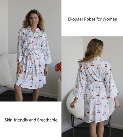 Ekouaer Women Kimono Robes Knee Length Knit Bathrobe Lightweight Soft Sleepwear V-neck Casual Ladies Loungewear