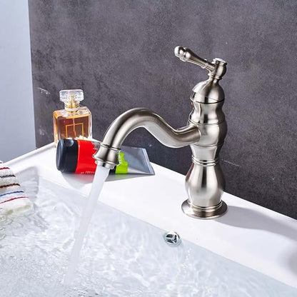 Brushed Nickel Basin Faucet Single Handle Hot Cold Water Bathroom Tap Deck Mounted Long Spout Lavatory Sink Mixer Faucet,Gold,Include:1*Faucet