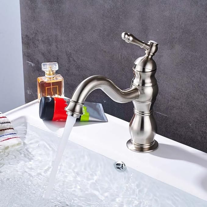 Brushed Nickel Basin Faucet Single Handle Hot Cold Water Bathroom Tap Deck Mounted Long Spout Lavatory Sink Mixer Faucet,Gold,Include:1*Faucet