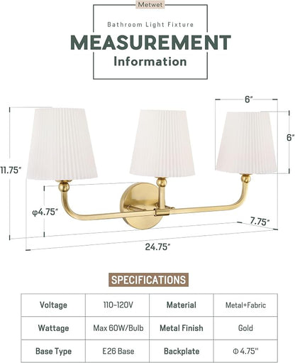 3-Light Brushed Gold Bathroom Vanity Light, Pleated Fabric Shade | 24.75" 3-light gold double wall sconce with white pleated fabric shades, E26 bulbs, hardwired, upward only, VL837-BG-Z-3
