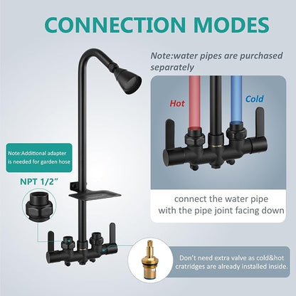 Aolemi Outdoor Shower Kit, Upward-Facing Inlets, Matte Black | 3-Inch Center Hot And Cold Mixer Valve, Dual Handles, with Soap Dish For Convenient Outdoor Shower Use
