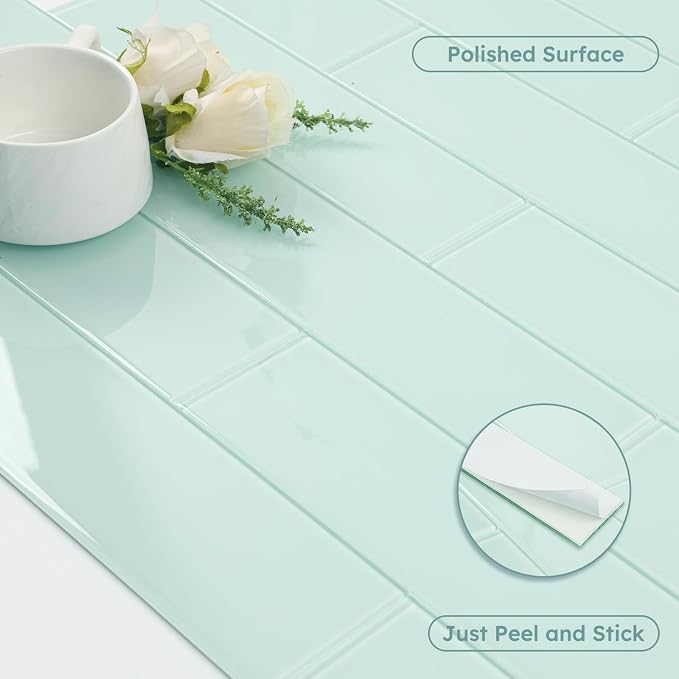 Peel and Stick Green Glass Subway Tiles, 3x12 Inch, 5 Sq.ft | Glass Tile for Kitchen Backsplash, Bathroom, Accent Wall