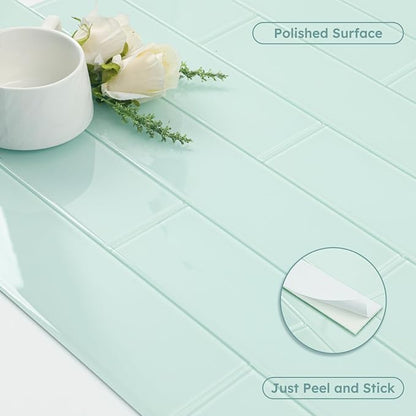 Peel and Stick Green Glass Subway Tiles, 3x12 Inch, 5 Sq.ft | Glass Tile for Kitchen Backsplash, Bathroom, Accent Wall