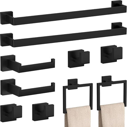 10-Piece Matte Black Bathroom Hardware Accessories Set Including 23.6 Inch Bath Towel Bar, Towel Rings, Bath Toilet Paper Holders, Robe Towel Hooks Set for Bathroom Stainless Steel Wall Mounted