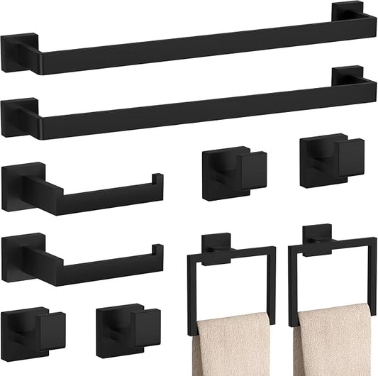 10-Piece Matte Black Bathroom Hardware Accessories Set Including 23.6 Inch Bath Towel Bar, Towel Rings, Bath Toilet Paper Holders, Robe Towel Hooks Set for Bathroom Stainless Steel Wall Mounted