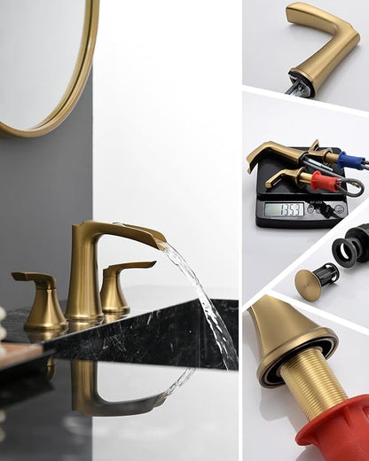Fapully Brushed Gold Bathroom Faucet 3 Hole, Waterfall 8 Inch Widespread Bathroom Sink Faucet with Pop-up Drain, Two-Handle Faucet for Bathroom Sink