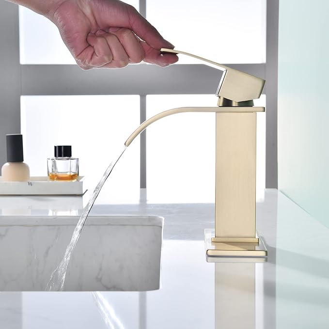 Waterfall Faucet for Bathroom Sink, Single Hole Bathroom Faucet Brushed Gold with Pop Up Drains and Deck Plate for 3 Hole Installation JXM122BG