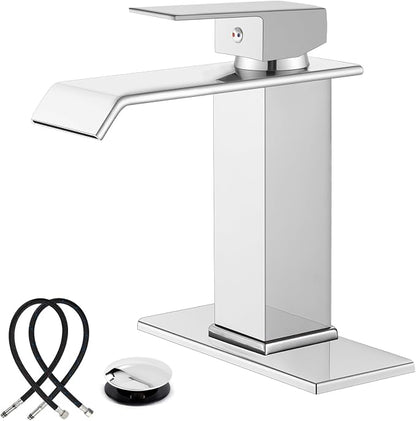 Midanya Waterfall Bathroom Sink Faucet 1 Hole,Polish Chrome | with cUPC Hoses,Pop Up Drain,Deck Plate,for 1 or 3 hole sink,Vanity,RV,Lavatory,Basin,Farmhouse,Stainless Steel,Single Handle