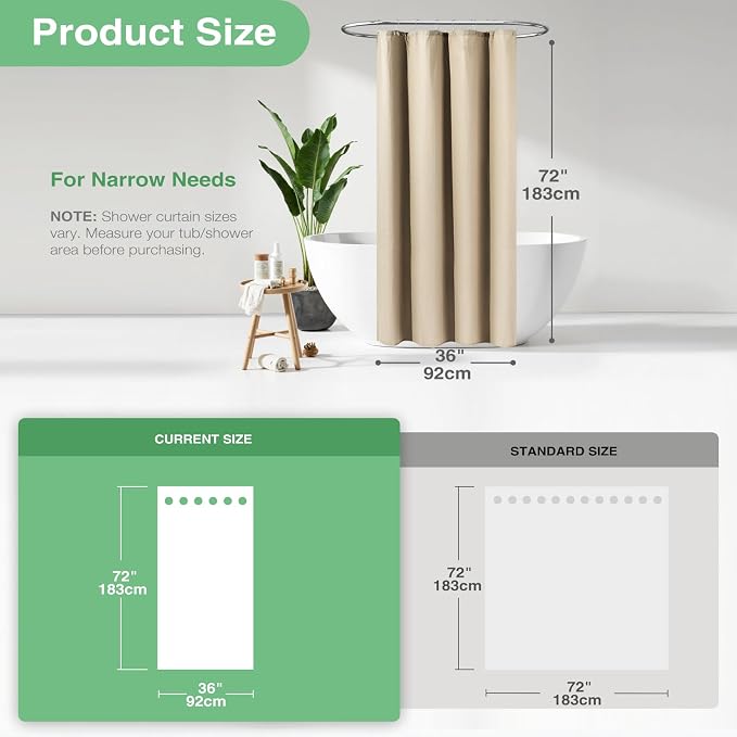 Stall Waffle Shower Curtain 256 GSM Heavy Fabric 36x72 Beige/Khaki | Narrow Half Size, Thick Cloth, Weighted Hem, Water Repellent, Hotel Luxury Polyester Shower Curtain Set for Bathroom 6 Hooks