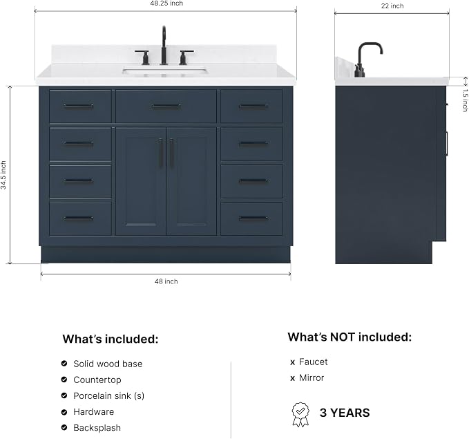 Isabella 48-Inch Bathroom Vanity with Sink — Midnight Blue Single Sink Bathroom Vanity, 1.5" Edge Carrara Quartz Countertop, Solid Wood, 2 Soft-Close Doors, 8 Dovetail Drawers + Tilt Drawer