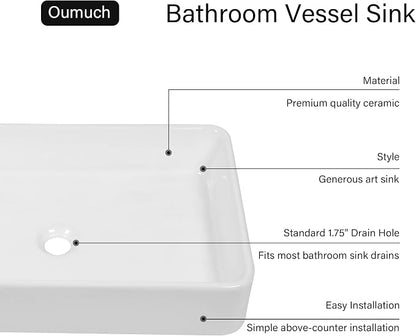 Vessel Sink Bathroom 24”x16” White Rectangle Vanity Sink for Bathroom Modern Ceramic Porcelain Bathroom Sinks above Counter Art Basin