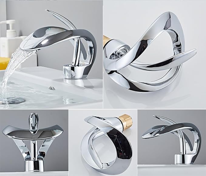 Waterfall Bathroom Faucet Sink Faucet 1 Hole Single Handle Modern Bathroom Faucet Mixed Cold and Hot Water Elegant Design Water Faucet for Sink (Polished Chrome)