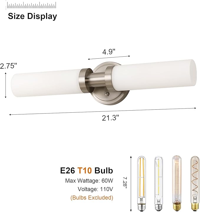 Brushed Nickel Bathroom Light Fixtures, 2-Light Vanity Lights W/White Glass Shade, Modern Sconces Wall Lighting for Mirror Kitchen Bedroom Hallway Living Room, E26 T10 Bulbs(Excluded)