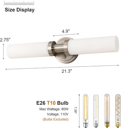Brushed Nickel Bathroom Light Fixtures, 2-Light Vanity Lights W/White Glass Shade, Modern Sconces Wall Lighting for Mirror Kitchen Bedroom Hallway Living Room, E26 T10 Bulbs(Excluded)