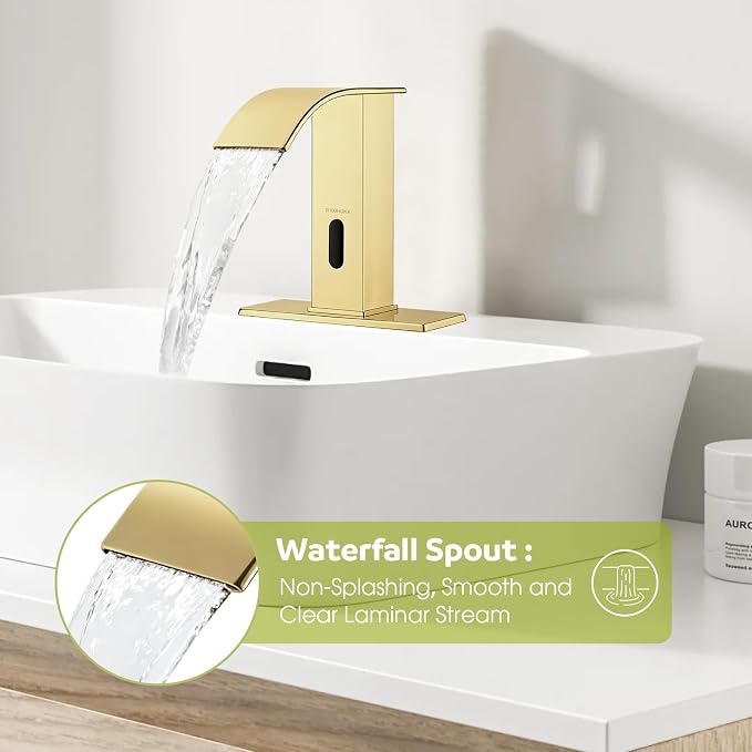 Touchless Bathroom Faucet with Waterfall Spout,Motion Automatic Sensor Bathroom Sink Faucet with Hole Cover Plate, Stainless Steel Hands Free Vanity Faucet(Regular, Gold)