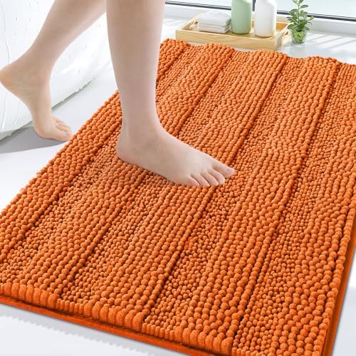 Grandaily Chenille Striped Bathroom Rugs 30x20, Extra Thick and Soft Absorbent Bath Mats, Rubber Backing, Plush Shaggy Shower Carpet, Machine Wash Dry, Bath Rug for Bathroom, Clay