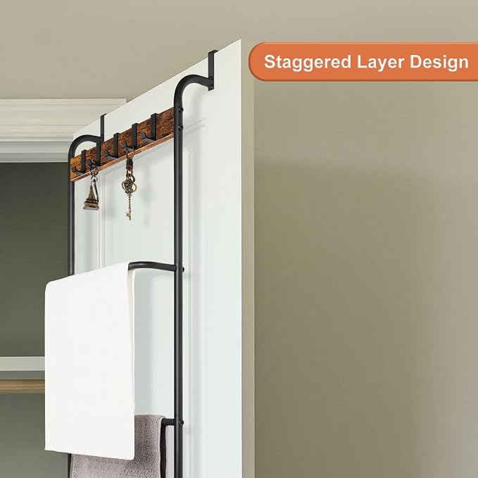 Over the Door Towel Rack Over The Door Towel Bar for Bathroom | Back of Door Towel Rack, 5 Tier Over The Door Towel Bar with Hooks, Black Door Rack Hanger, Stable Suction Cup Design