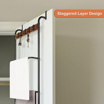 Over the Door Towel Rack Over The Door Towel Bar for Bathroom | Back of Door Towel Rack, 5 Tier Over The Door Towel Bar with Hooks, Black Door Rack Hanger, Stable Suction Cup Design