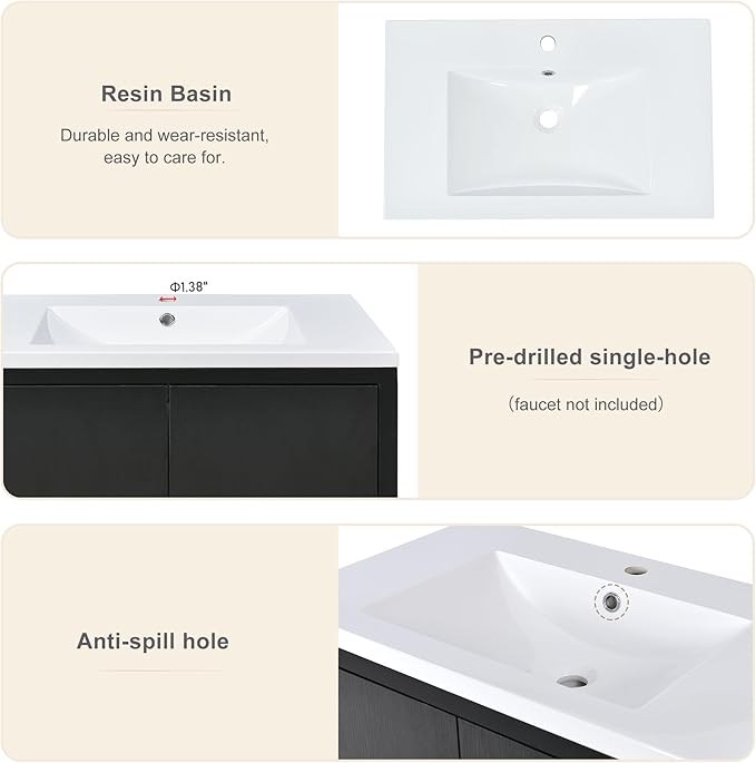 Favfurish 30" Bathroom Vanity with Resin Sink,Undermount Single Basin Bath Vanity Set w/2 Soft Closing Doors,Transitional Freestanding Storage Cabinet,Solid Wood Frame,Black