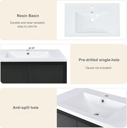 Favfurish 30" Bathroom Vanity with Resin Sink,Undermount Single Basin Bath Vanity Set w/2 Soft Closing Doors,Transitional Freestanding Storage Cabinet,Solid Wood Frame,Black
