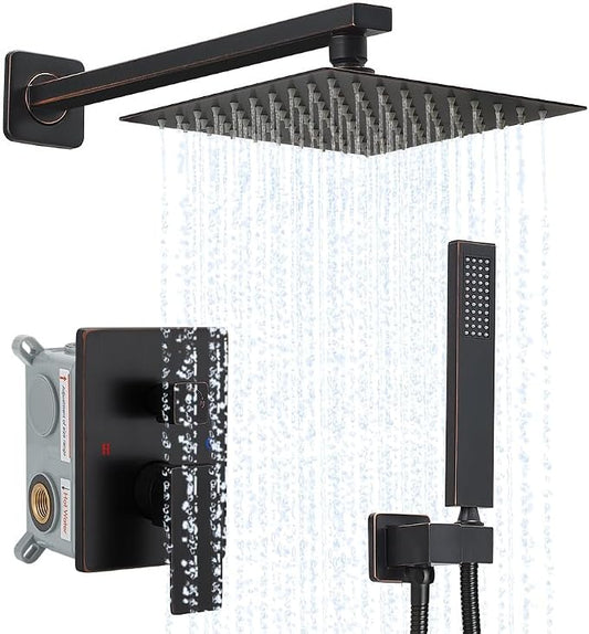 Oil Rubbed Bronze Shower System YCAIKOI Wall Mount Shower Faucet Set for Bathroom 10 Inch High Pressure Luxury Shower Head with Handheld, Rough-in Valve Body and Trim Included