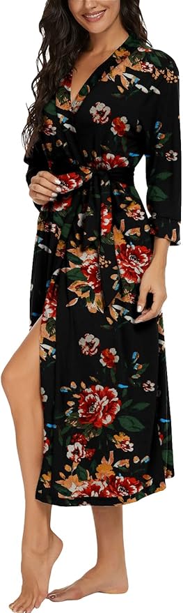 VINTATRE Women Kimono Robes Long Knit Bathrobe Lightweight Soft Knit Sleepwear V-neck Casual Ladies Loungewear