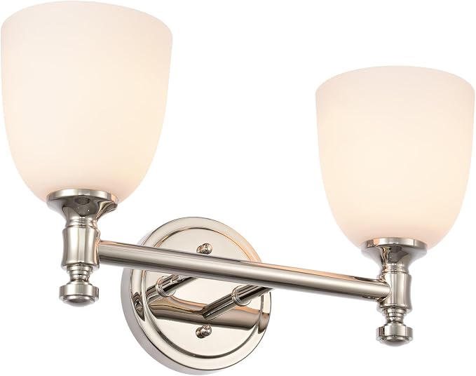 Bathroom Vanity Light, 2-Light Bathroom Light Fixtures Over Mirror, Traditional Vanity Lights for Living Room, Milk White Bell Glass Shades, Standard E26 Base, Polished Nickel