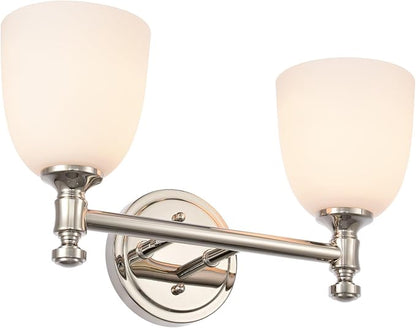Bathroom Vanity Light, 2-Light Bathroom Light Fixtures Over Mirror, Traditional Vanity Lights for Living Room, Milk White Bell Glass Shades, Standard E26 Base, Polished Nickel