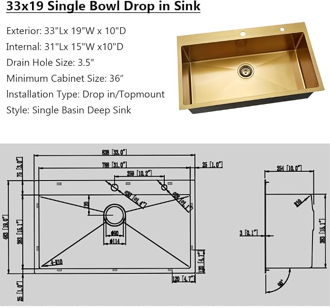 Gold Kitchen Sink, 33x19 Drop In Kitchen Sink Stainless Steel | Top Mount Kitchen Sink 16 Gauge Stainless Steel Deep Single Bowl Sink with Drain Assembly